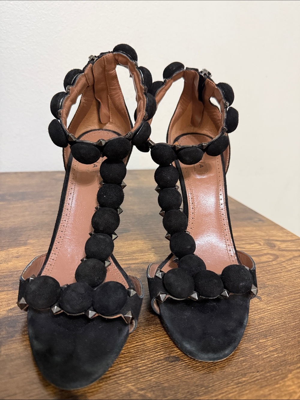 Alaïa Black Suede Beaded T-Strap Heels